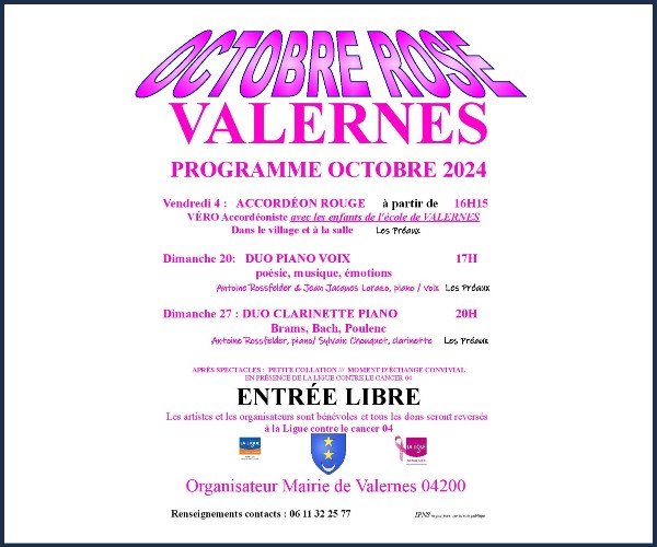 Octobre Rose 2024 à Valernes Concert Duo Piano, Voix