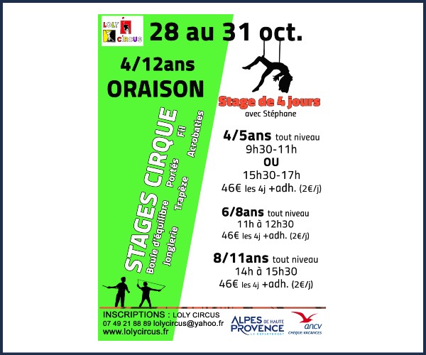 Oraison. Stages Cirque Enfants du 28 au 31 octobre